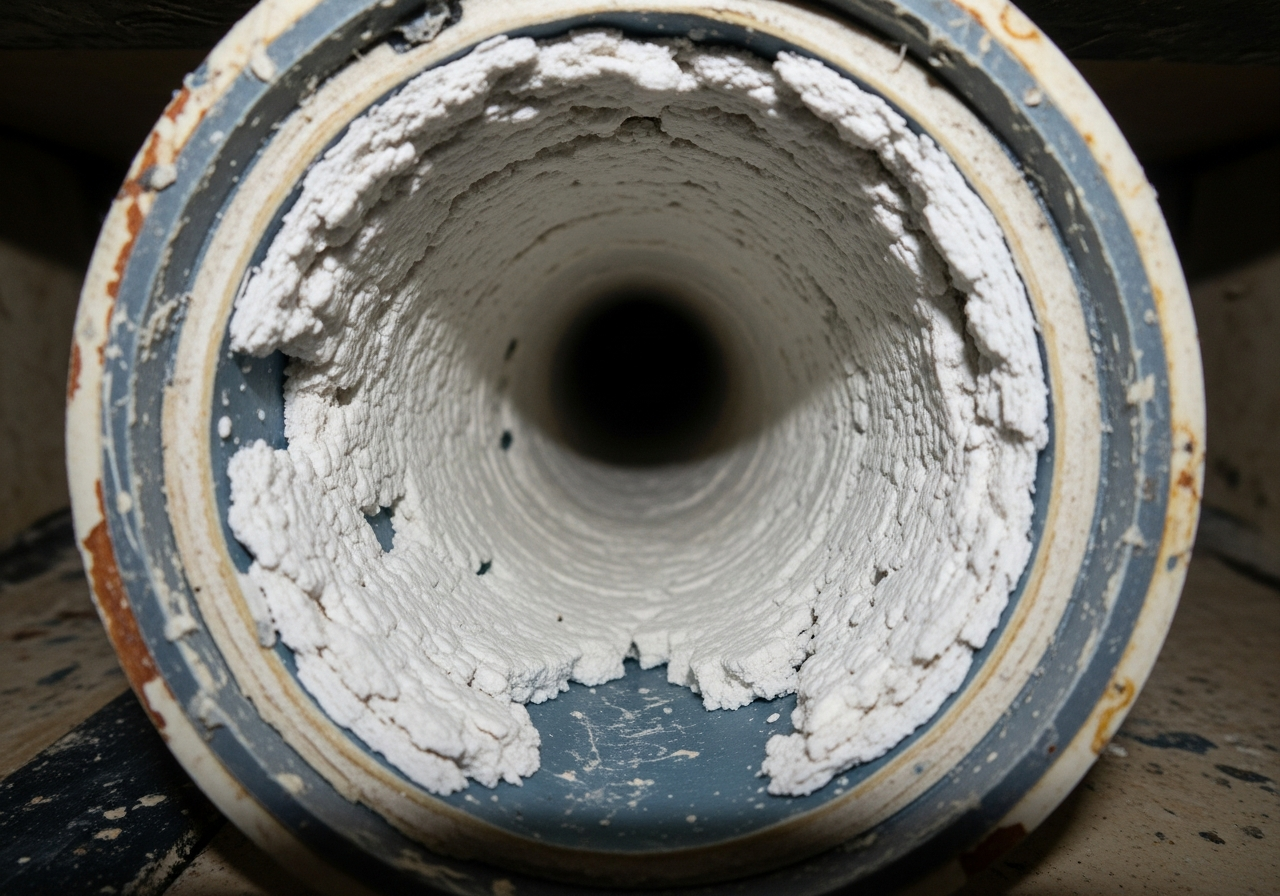 Marine plumbing pipe after one year using bleach method — visible calcium scale buildup